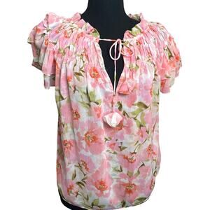MISA Los Angeles Pink Coral Floral Ruffle
Sleeve Chiffon Blouse Womens Size XS